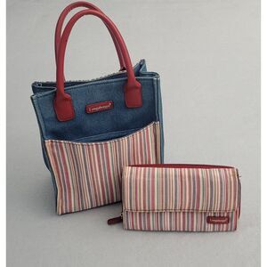 Longaberger Homestead Tote Bag Matching Wallet Set Denim Red Blue Stripe Accents